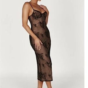 Meshki Venice Embroidered Mesh Midi Dress in Black